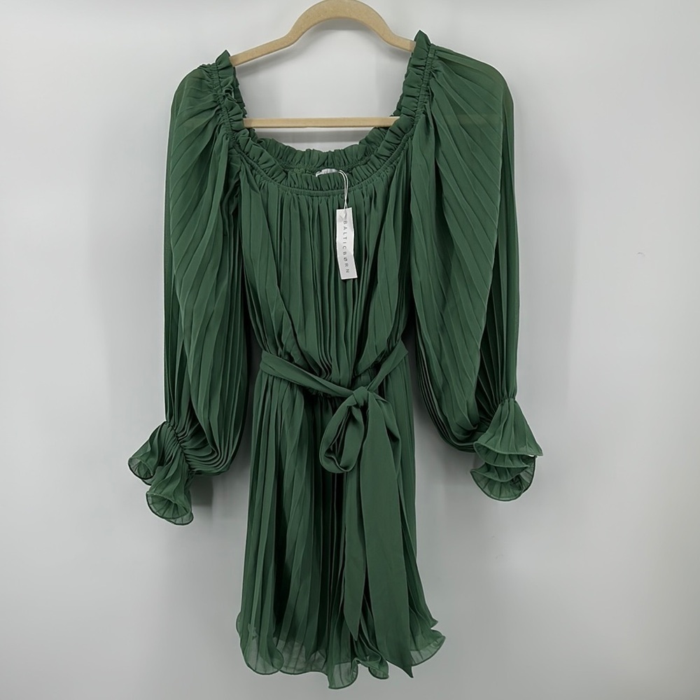 Baltic Born Green Long Sleeve Bishop Elastic Waist with Fabric Belt Sundress SzL - Picture 1 of 15